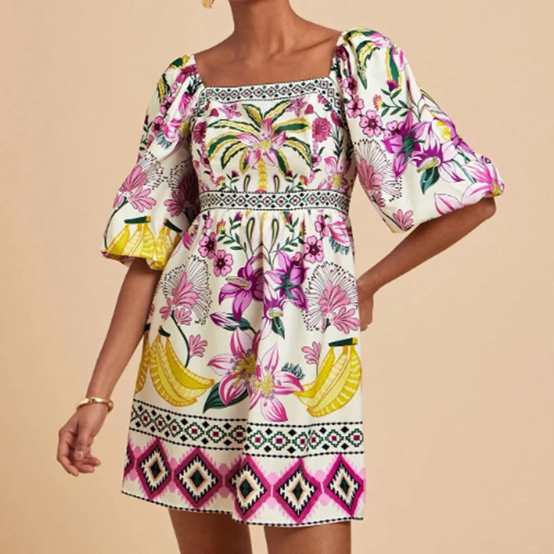 夏エスニックスクエアネック半袖ミニドレスレトロ気質ファッショナブルなプリント折りホリデードレス 2ist A ラインドレス
