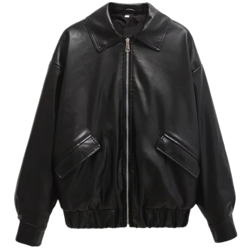 หลวมยาว Sve หนัง Faux Jaet ใหม่ฤดูใบไม้ร่วงฤดูหนาวผู้หญิง Faion Collarl เสื้อ Sli เดินทาง Sle Jacket