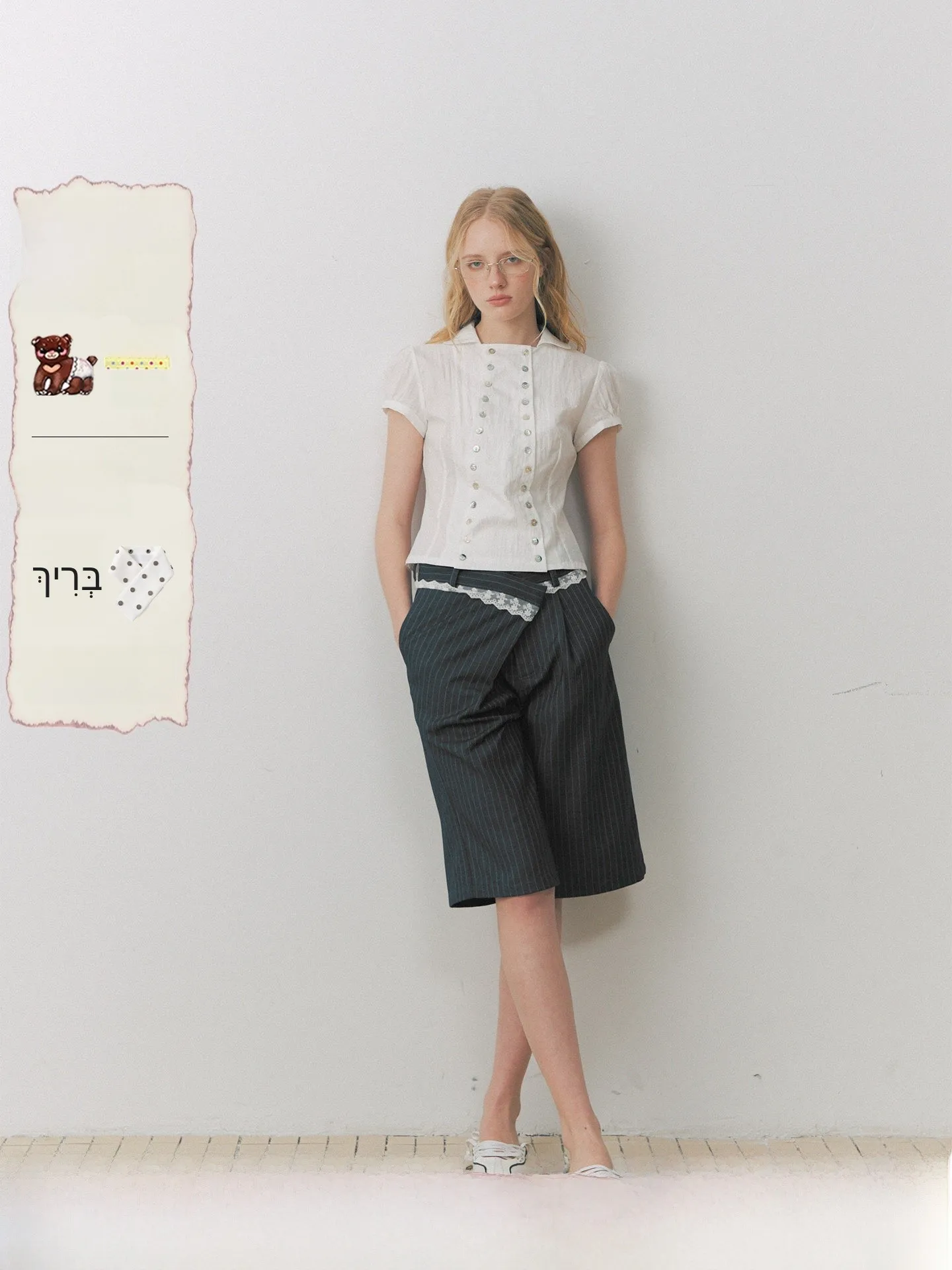 

Classic Grey Stripe Lace Deconstructed Waist Head West Pants mid Pants Deleteex Original Shadow Series Casual Wide Leg Pants