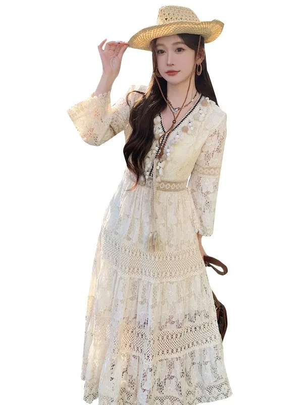Retro chique renda emendada bege borla em camadas gancho flor oco vestidos para mulheres boêmio estilo férias bolo de fadas vestido longo