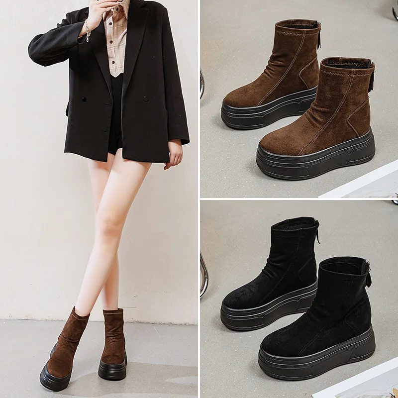 Fujin 8.5cm New Women Autumn Spring Fashion Flats Platform Wedge Ankle Boots Synthetic Sheepskin Leather ZIP Ankle Booties Shoes image 6