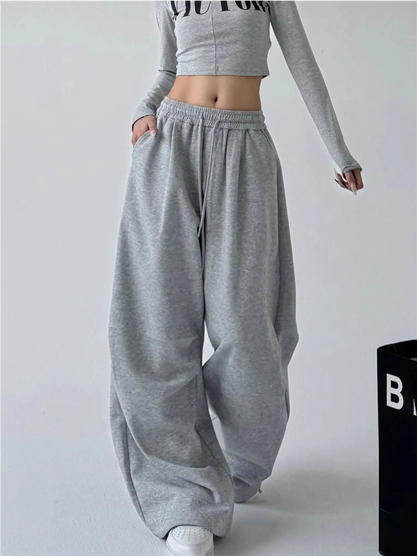 

American ey Sports Pants Loose Wide Leg High Waist Commuter Sle Women's Faion Brand Hip Hop Straight Casual Sweatpants