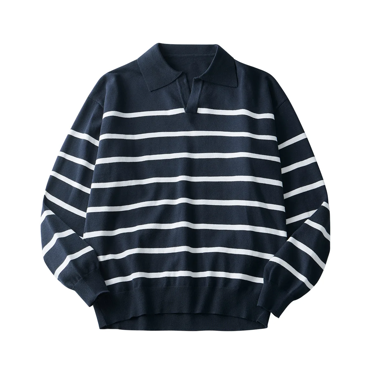 Men's Clothing | Knitted Sweater, Men's High-end Striped Polo Shirt, Autumn and Winter Loose and Warm Long Sleeved Top