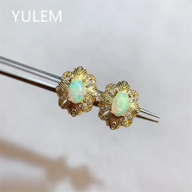 Natural Opal Colorful Gemstone Solid Sterling Silver S925 Stud Earring Faced Cutting Classic Design Women Christmas Gifts