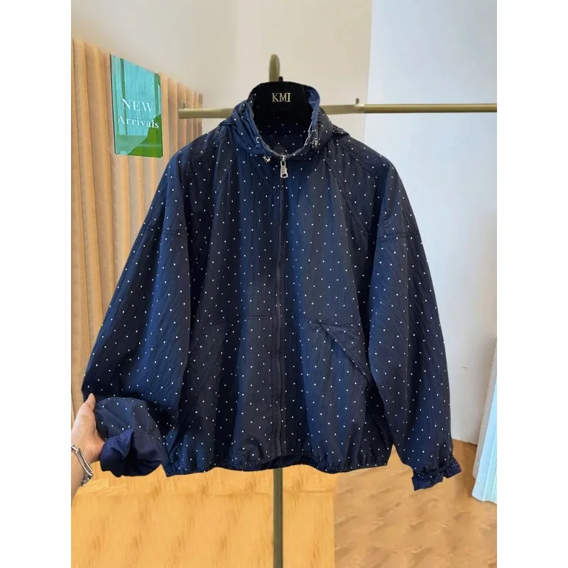 Ropa de protección UV con capucha de lunares para mujer, ropa informal holgada de verano, ropa de abrigo antienvejecimiento con cierre de cremallera, larga Sve