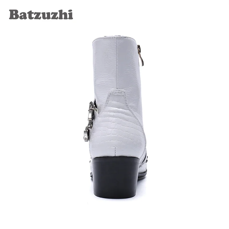 Western Cowboy Men Boots 6.5cm Heels White Genuine Leather Punk Style Iron Pointed Toe Motorcycle High Top Botas Hombre