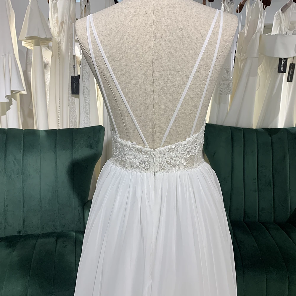 Jancember renda com decote em v vestido de casamento a linha vestidos de novia apliques cintas de espaguete vestido de noiva botões voltar vestidos de casamento
