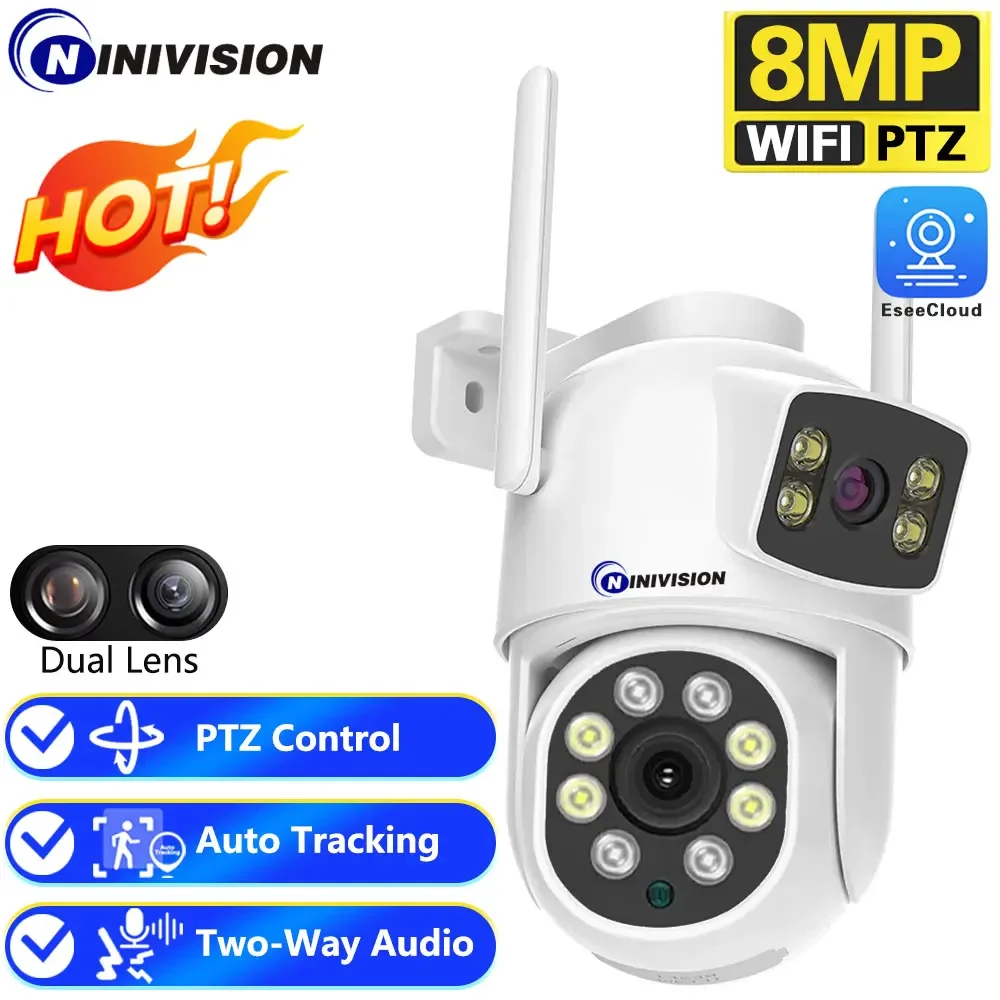

EseeCloud 4K 8MP Dual Lens Dual Screens Mini Wireless PTZ Camera Two Way Audio Color Night Vision Outdoor Waterproof Wifi Camera