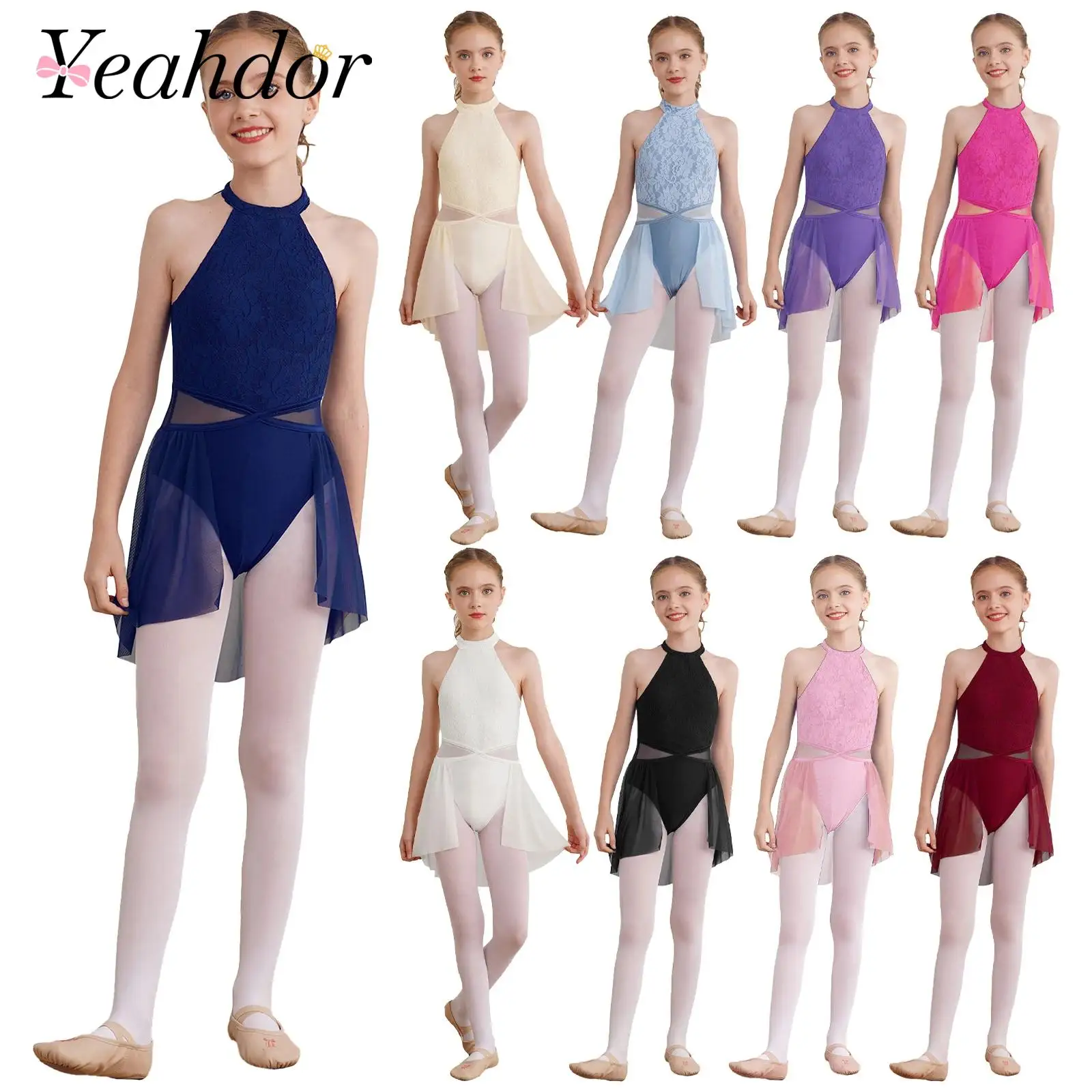 

Kids Ballet Girls Lyrical Dance Dress Halter Lace Gymnastics Leotard Modern Figure Ice Skating Dress Stage Performance Costume