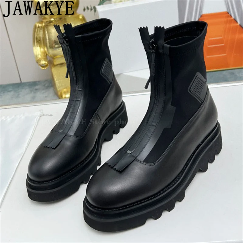 Front Zipper Design Round Toe Thick Bottom Punk Boots Women Real Leather Platform Ankle Boots Winter Fashion Motorcycle Boots