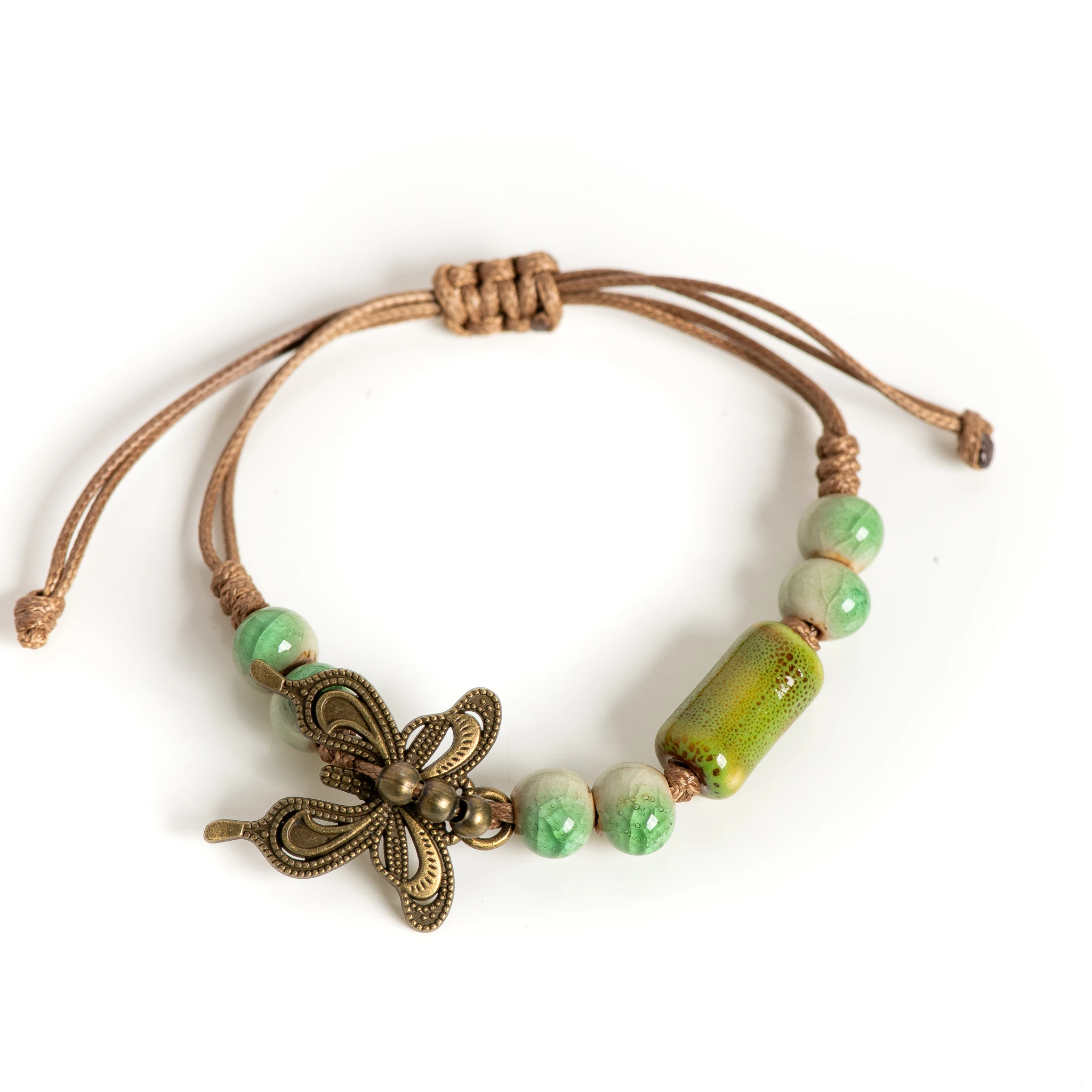 Handmade Multicolor Ceramic Bead Bracelet with Butterfly Charm Adjustable 15-25cm