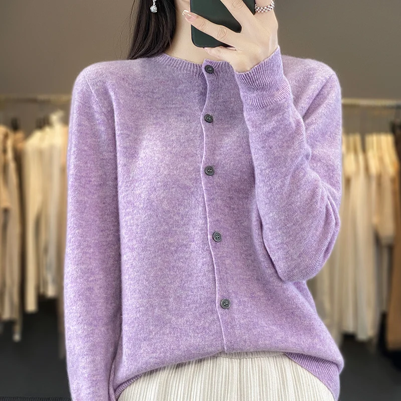 Spring, Autumn and Winter 100% Merino Wool Ladies Round Neck Sweater Cardigan Basic Long-sleeved Knit Cardigan Women\'s Short Top