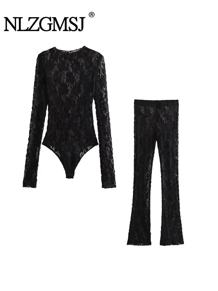 

Nlzgmsj TRAF Slit Lace Leggings For Woman 2023 Black Sexy Semi-sheer Slim Pants High Waisy Side Slit Hem Leggings Women Pant