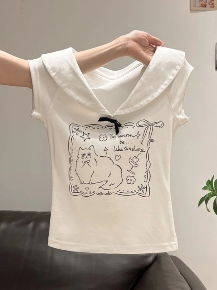 Crop Tshirts Cute Tops Women Peter Pan Collar Short Sleeve Tunic Bow Tees Cartoon Print Camisetas Fashion Sweet Summer T Shirt