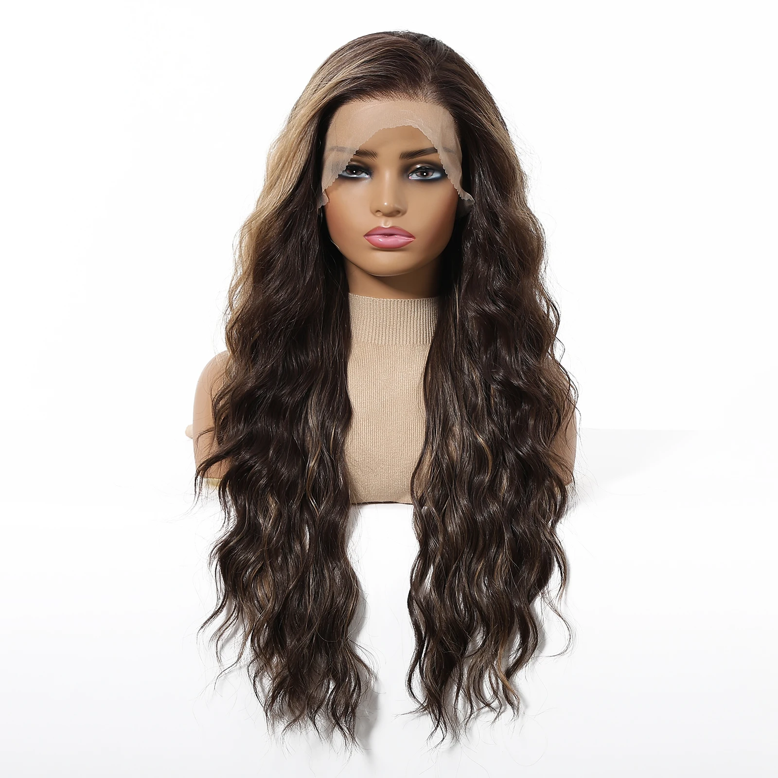 

Topshe 13x6 HD Lace Front Wig Brown with Blonde Highlights Body Wave Synthetic Wigs Glueless Pre Plucked Heat Resistant