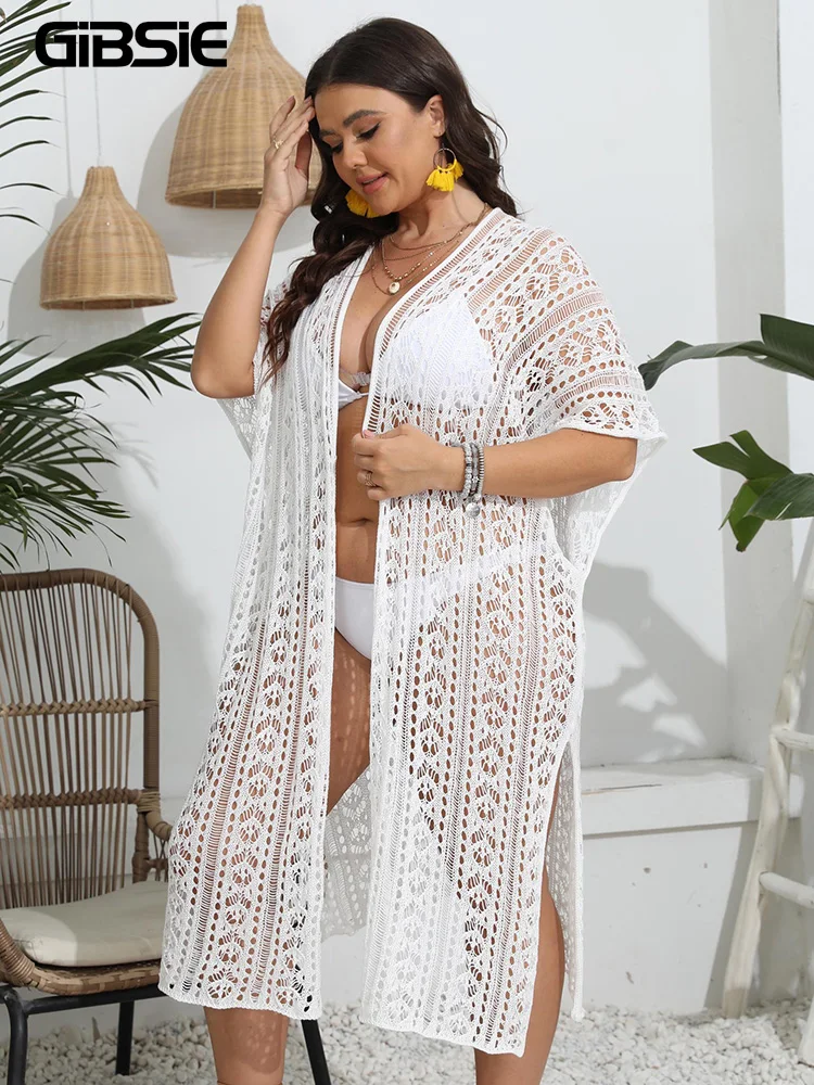 GIBSIE Plus Size Quimono Branco Bikini Cover Up Para As Mulheres 2023 Holiday Ver Através Hollow Out Malha Split Long Beach Cover-ups