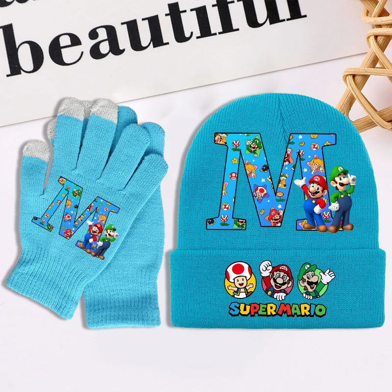 

2pcs Super Mario Bro Gloves Knitted Hat Suit for Boys Girls Cartoon Letter Printed Mittens Knit Hats Set Winter Warm Accessories
