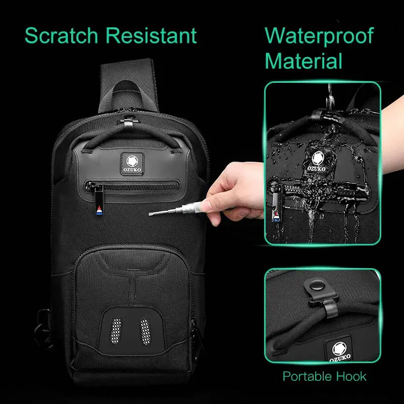 OZUKO New Men's Breast Bag Student Shoulder Bag USB Port Waterproof Oxford Cloth Fashion Large Capacity Men's Crossbody Bag