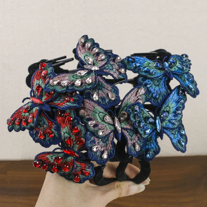 New Chinese Style Embroidery Butterfly Headband Luxury Rhinestone Hair Hoop Hairbands with Teeth Party Hairstyle Decoration
