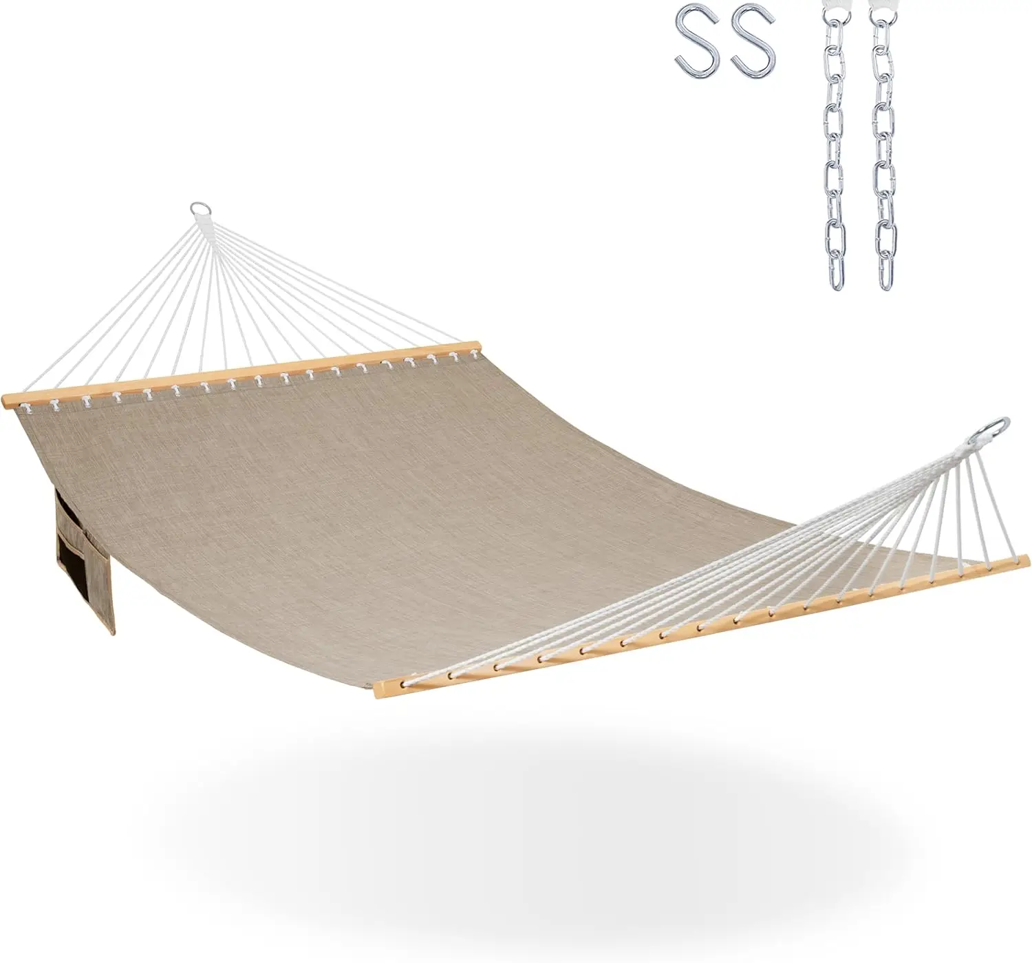 

11 FT Double Outdoor Hammock with Spreader Bar and Side Pocket, Quick Dry Olefin Fabric, 450 lbs Capacity, Khaki