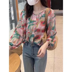 Women Spring Korean Fashion Loose Printing O-neck Long Sleeve Pullover Shirts Women Clothes Casual All-match Appear Thin Tops