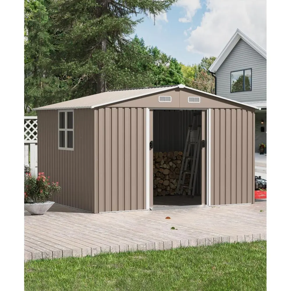 

10ft x 8ft Outdoor Metal Storage Shed with Lockable Door, Sliding Door, and Ventilation for Garden Tools and Lawn Equipment
