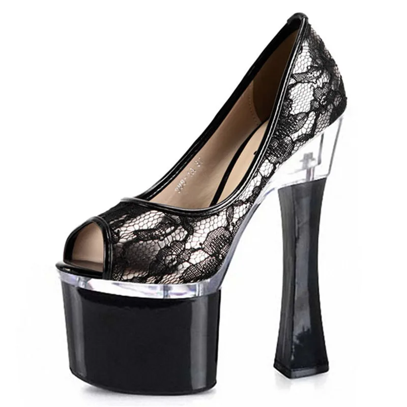 

17-18 cm square heel fishmouth model runway shoes, net cloth vamp pole dance performance single shoes