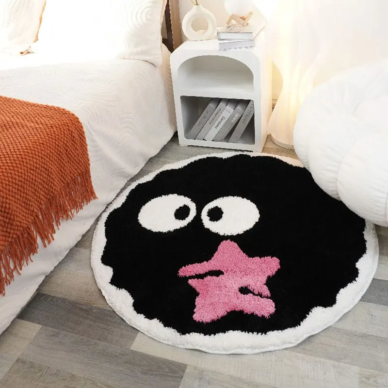 Tapis de dessin animé noir en peluche, doux, shaggy, rond, salon, antidérapant, table basse, chaise de jeu, polymères, décoration d\'intérieur