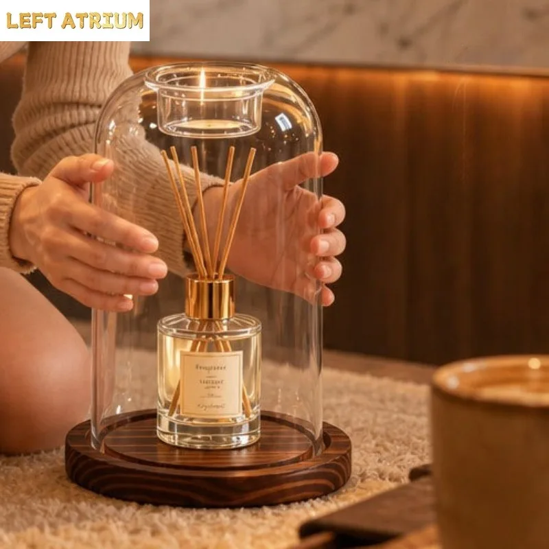 High Footed Glass Candle Holder Eternal Flower Glass Cover Candlestick Holder Aromatherapy Candle Stand Dust Cover Display Box