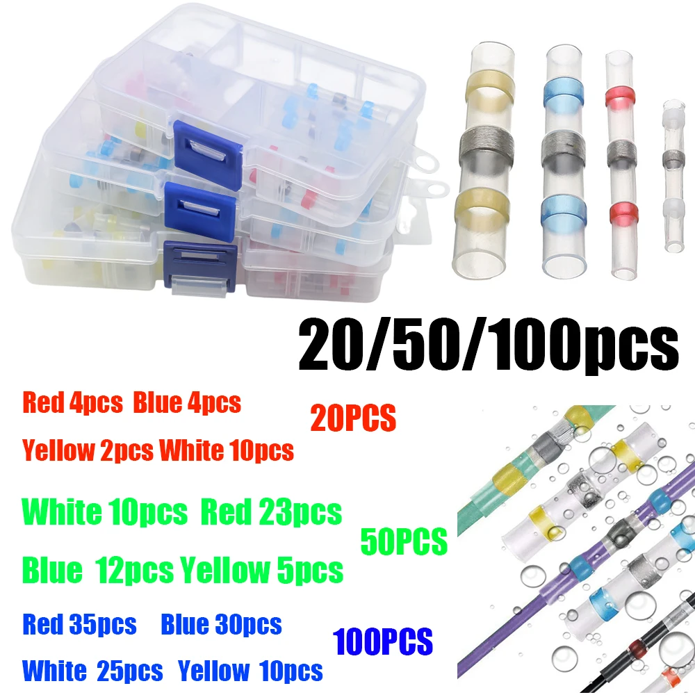 20/50/100PCS Boxed Heat Shrink Solder Sleeve Connectors, Wire Butt Cold Crimp Terminals Heat Shrink Sleeve Rings Heat Shrink Tub