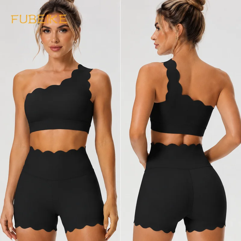 Lace Yoga Set One Shoulder Bra Fitness Wear Outdoor Running Sports Shorts Women 2Pcs Yoga Suit Yoga Athletic Wear Sportswear