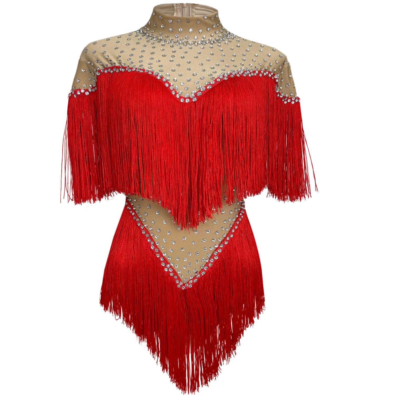 

New Women's Dress Shiny Silver Rhinestone Red Tassel Ultra Short Skirt Nightclub Party Dress Stage Performance Costume caizhuang