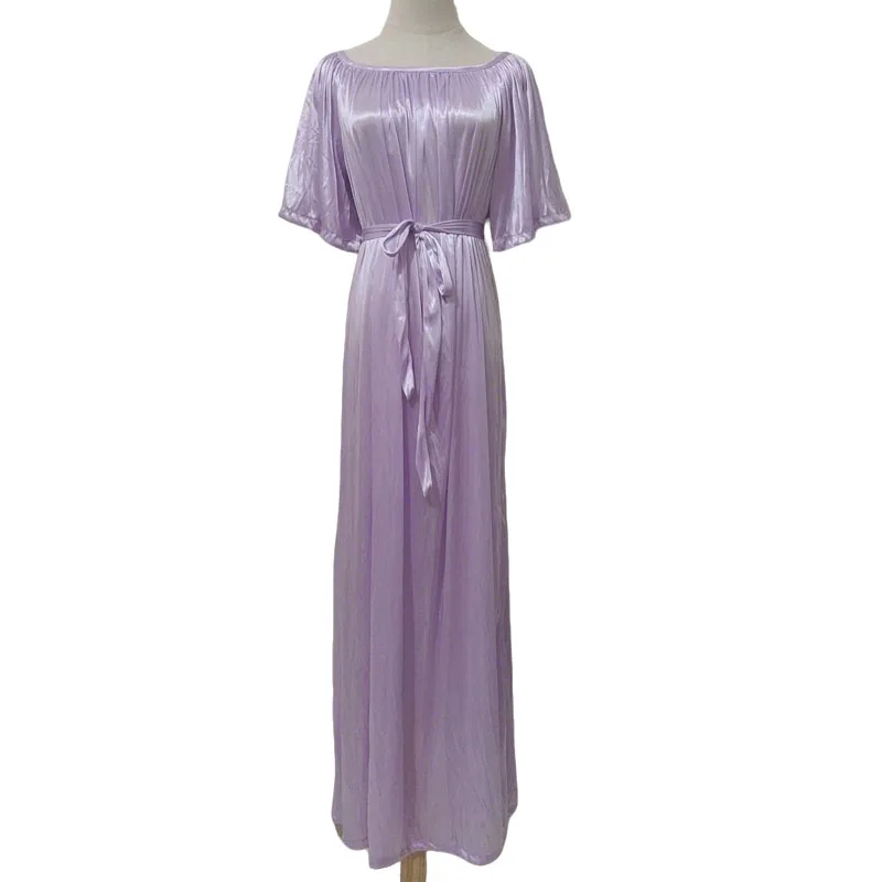 حجم كبير لمسة حريرية لامعة الرجال مثير فستان طويل المرأة الساتان قصيرة الأكمام فضفاضة فستان ماكسي رقيقة النوم رداء النوم