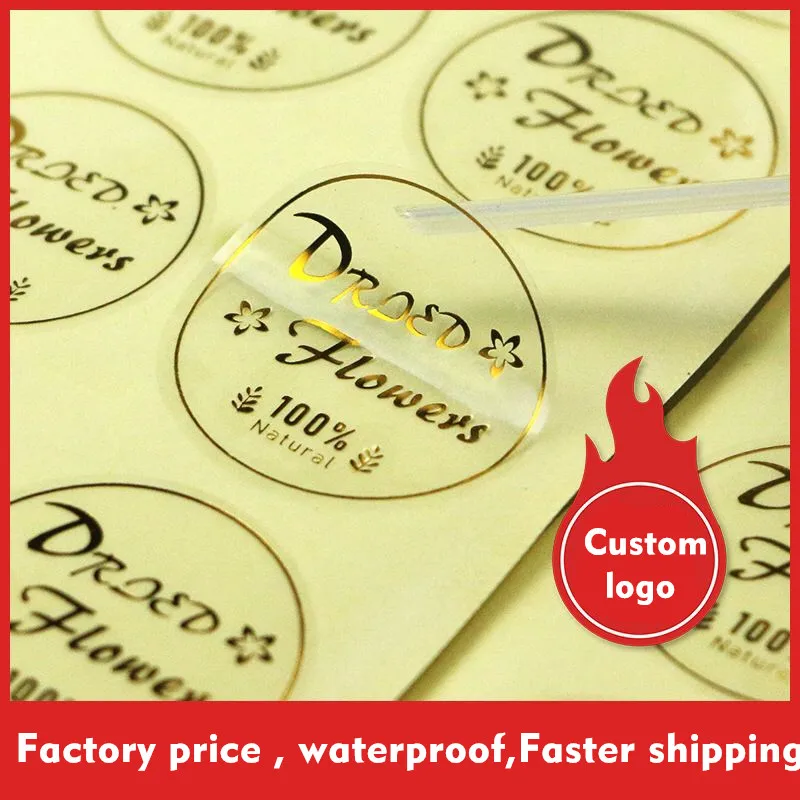 Custom Logo Clear  Gold Stickers Your Own Name Label PVC Vinyl Waterproof Cut Round Personalized Sticker Self Adhesive