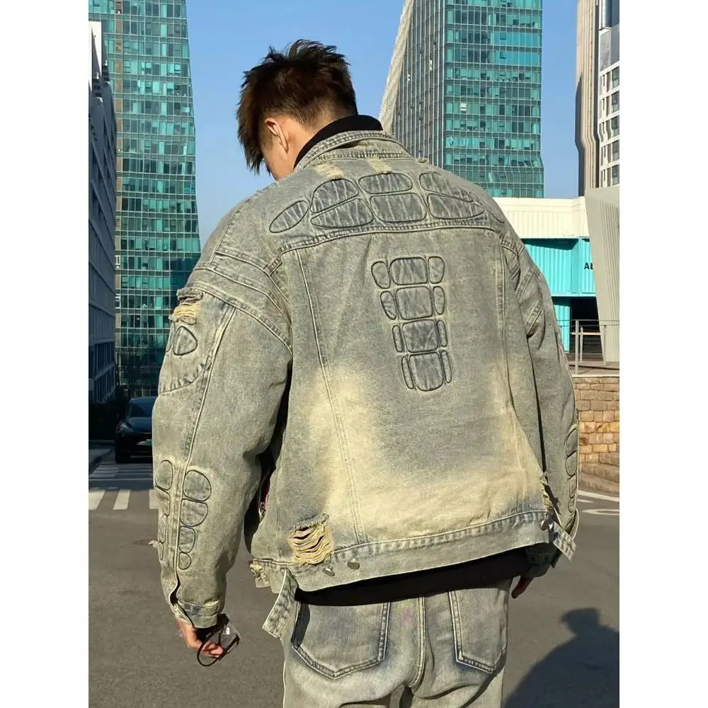 Modische 2026 Locomotive Denim Herren Loose-Fit Kanye Armor Zerrissene Gewaschene Stehkragen-Jacke Mantel Bomberjacke für Männer