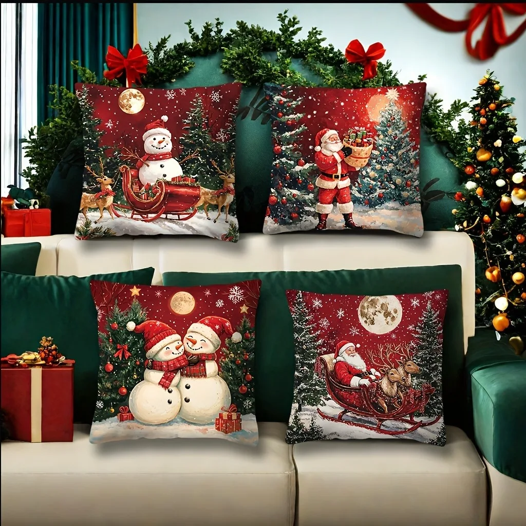 Christmas Throw Pillow Cover Hand Washable Zipper Sofa Living Room Holiday Printed Polyester Home Decor Pillow Cover