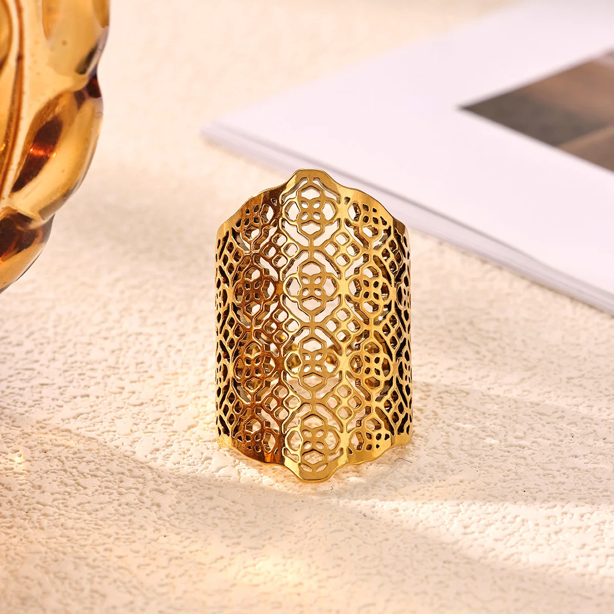 

Vintage Punk Hollow Flower Ring For Women Stainless Steel Gold Color Luxury Open Finger Ring 2026 Fashion Wedding Couple Jewelry