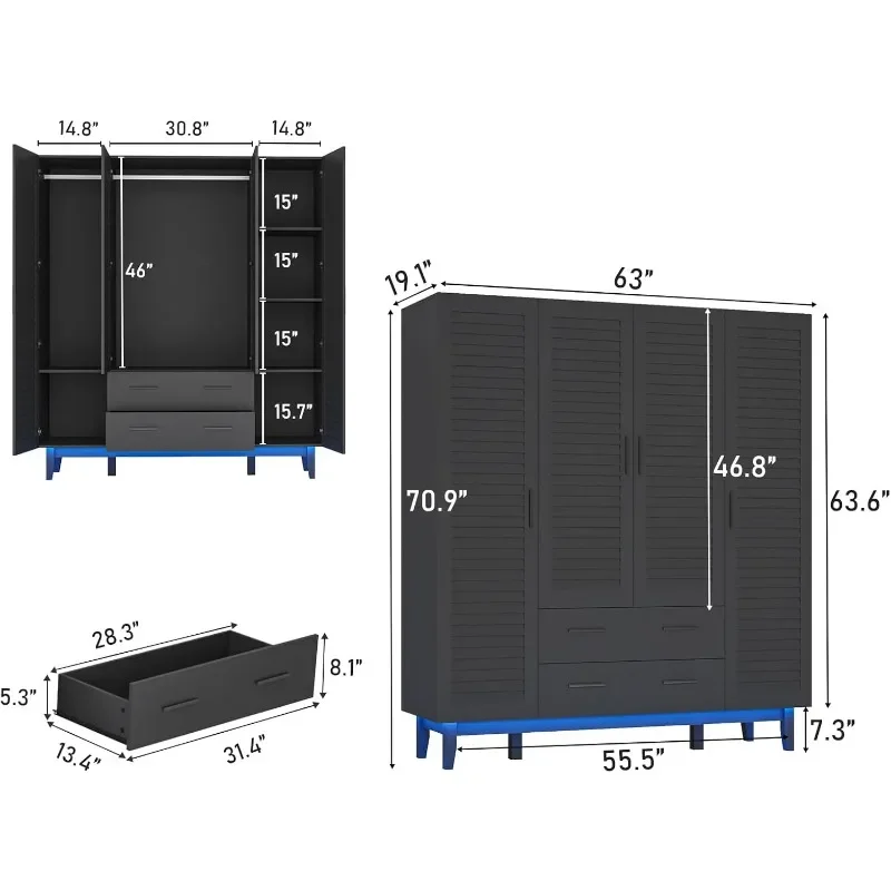 Armoire Wardrobe Closet Cabinet with Drawers and LED Lights, Multi-Tier Shelves, Hanging Rod & , Large Capacity Storage