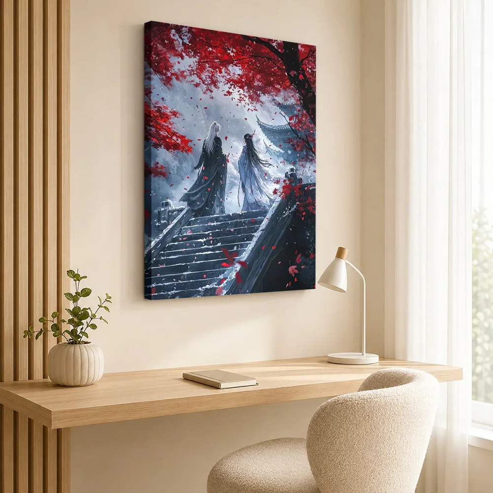 Anime Couple in Red Autumn Canvas Painting Poster Custom Gaming Anime Wall Art for Game Room Decor Ready to Hang Gift for Fans