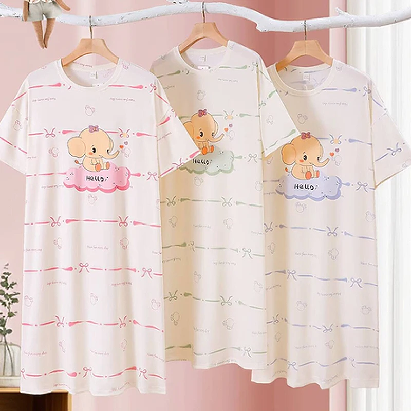 فستان من نسيج القطن بيجامة صيفية لطيفة النسخة الكورية فستان نوم بأكمام قصيرة متوسط الطول للسيدات ملابس نوم صيفية حلوة