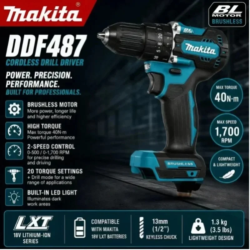 Makita DDF487 18V Akku-Bohrschrauber, bürstenloser Schlagschrauber, wiederaufladbares Elektrowerkzeug-Set für Autoreparaturen - 100% original 18V Makita 6Ah Makita Akku BL1840 BL1830B BL1850B BL1850