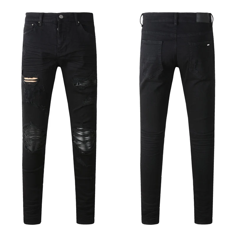 

Y2K designer high street fashion new men's black jeans stretch slim fit retro washed leather patch jeans hip-hop pants
