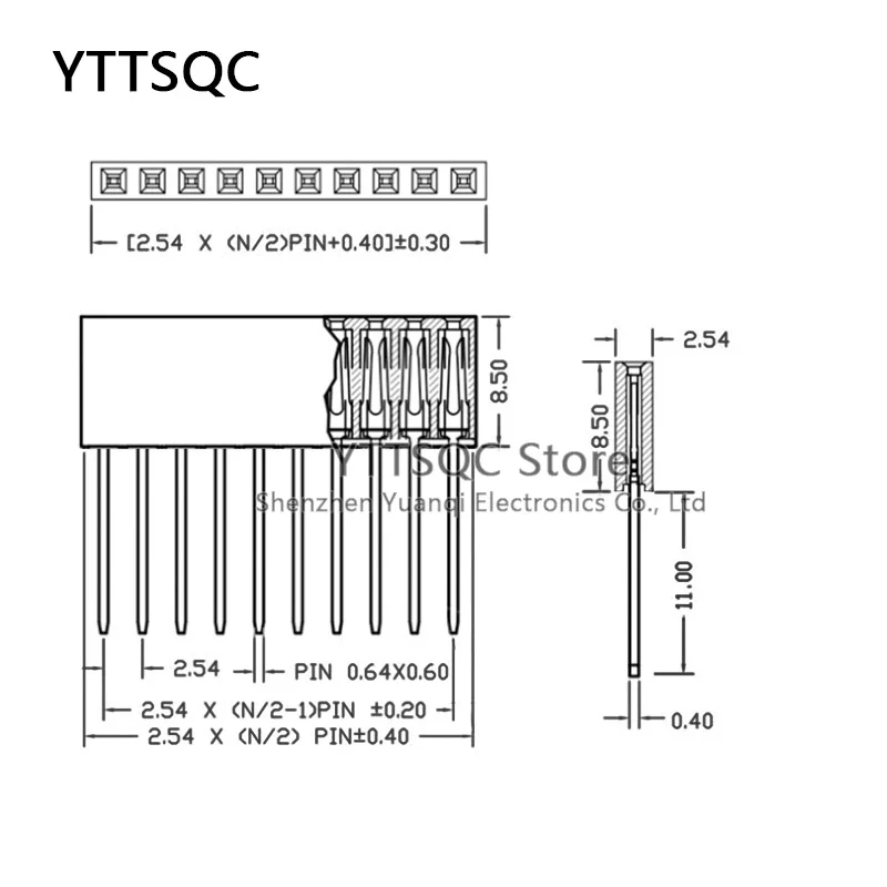 60Pcs/Lot 2.54mm 6Pin 8Pin 10Pin 1X6P/1X8P/1X10P Single row Straight FEMALE Stackable 11mm Long Legs Header For Arduino Shield