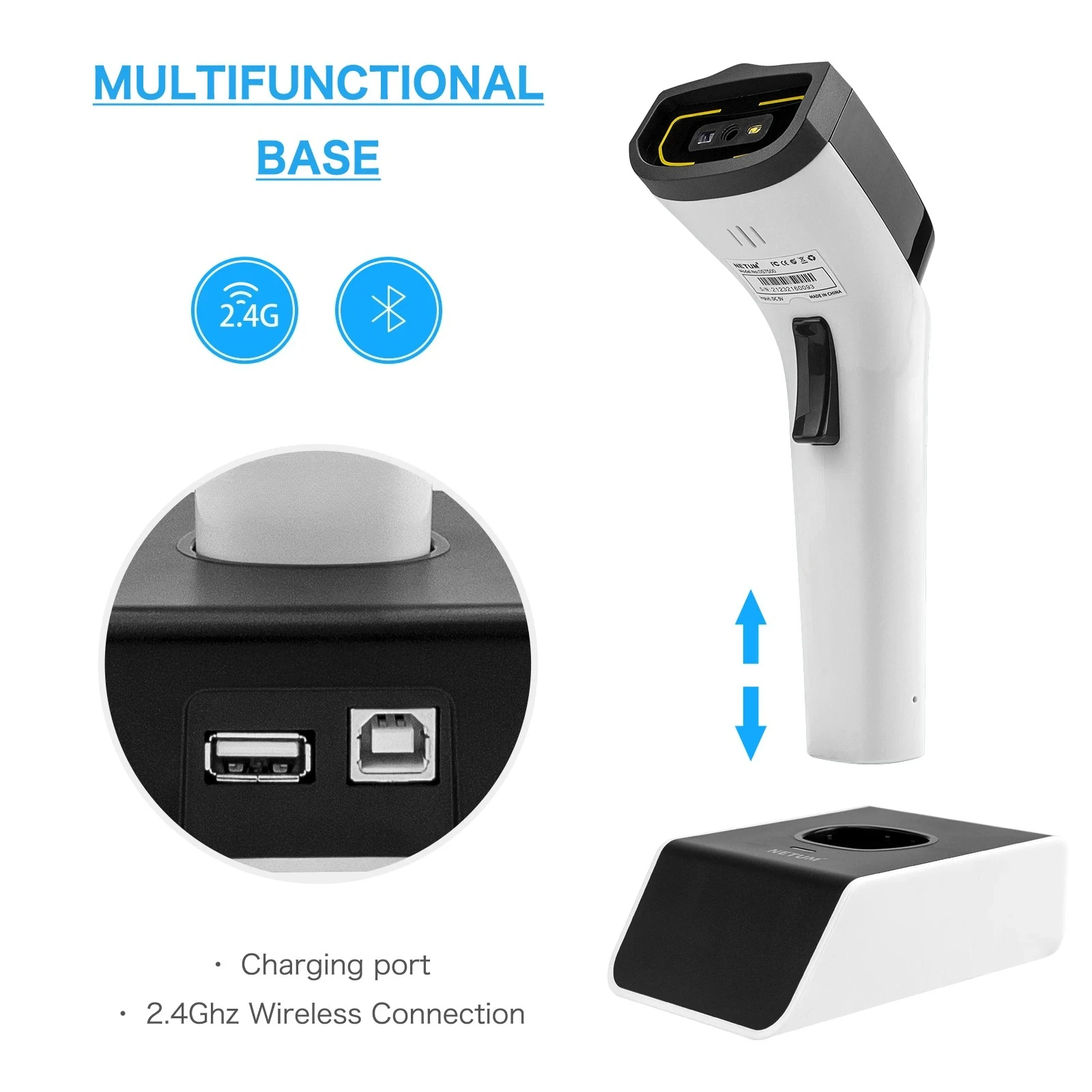 Wireless Hybrid  2D Barcode Scanner,  Tags Reader 1D/2D QR BT Barcode Scan  for Retail Hospitality System DS-8500