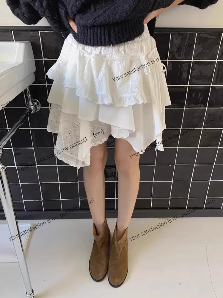 ZOCI-Rok Mini Rumbai Berlapis Tidak Beraturan, Rok Berlapis Bunga Jacquard Renda Putih, Rok Penuh Wanita Manis Gadis Lolita