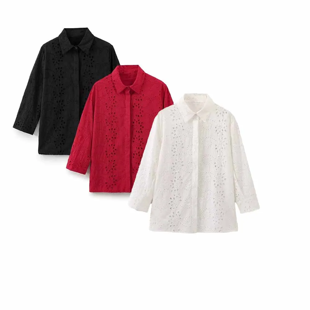 

Women's 2024 New Chic Fashion Joker Openwork Embroidered Blouses Retro Long Sleeve Button Blouses Chic Tops.