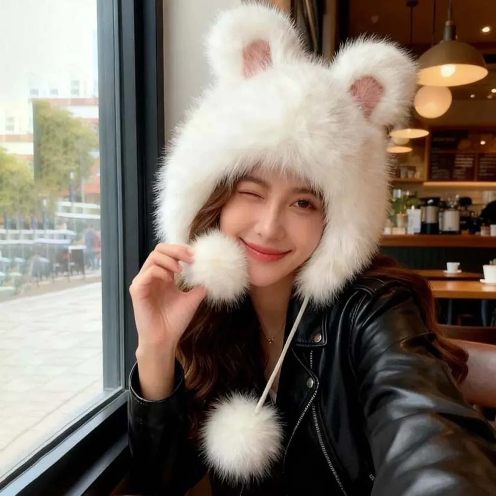 

Cute Anti-cold Winter Plush Hat Windproof Cartoon Rabbit Ear Warmer Hat Soft Solid Color Ear Protection Cap Women