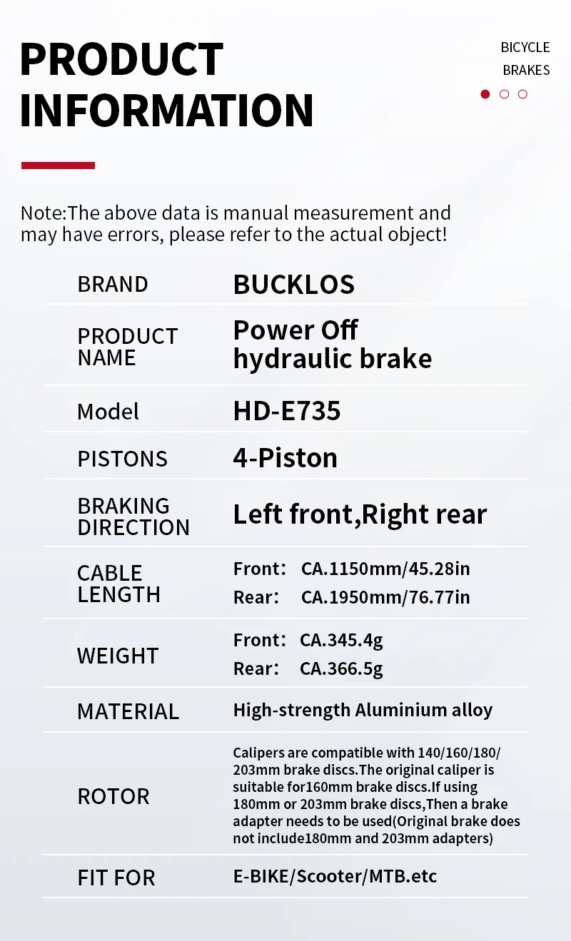 BUCKLOS 4-Kolben E-BIKE Power Off Bremssatz 1150 mm 1950 mm Roller Hydraulischer Bremssatz 160 mm Rotor Fahrrad Hydraulischer Bremssatz Teile – Detail 4