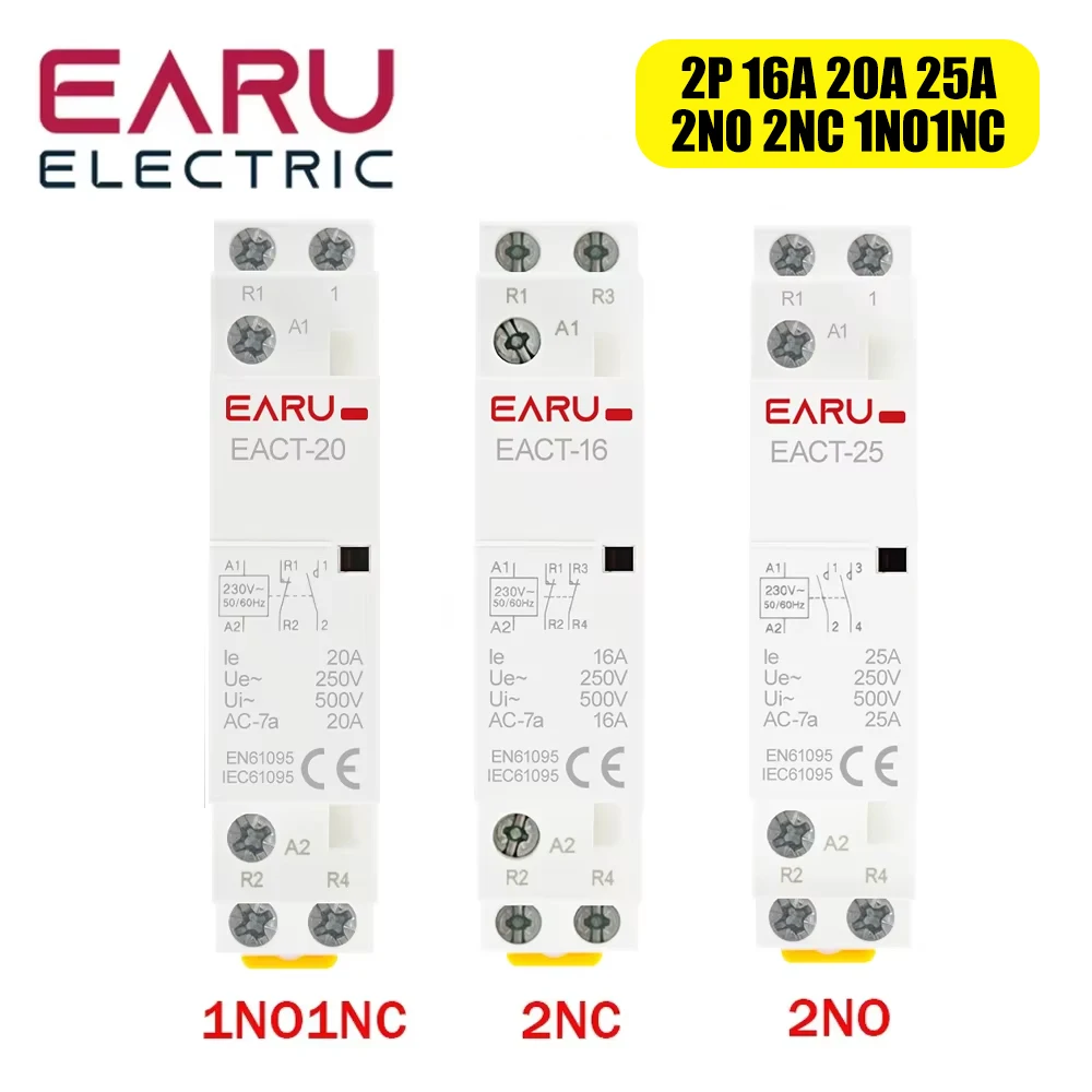 2P 16A 20A 25A  1NO 1NC 2NO 2NC AC 220V 230V 50/60Hz Din Rail Mounted Household Modular AC Contactor for Smart Home House Hotel