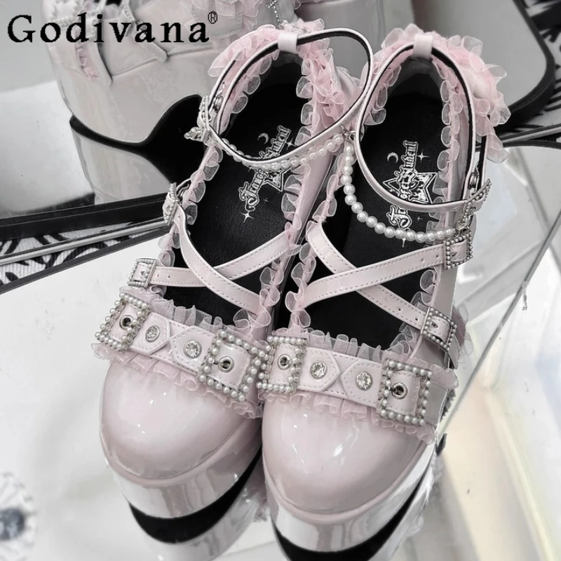 

Original Japanese Mine Lolita Pink High Heel Pumps Spring Girls' Sweet Elegant Shallow Thick Sole Shoes Women's Tea Party Pumps